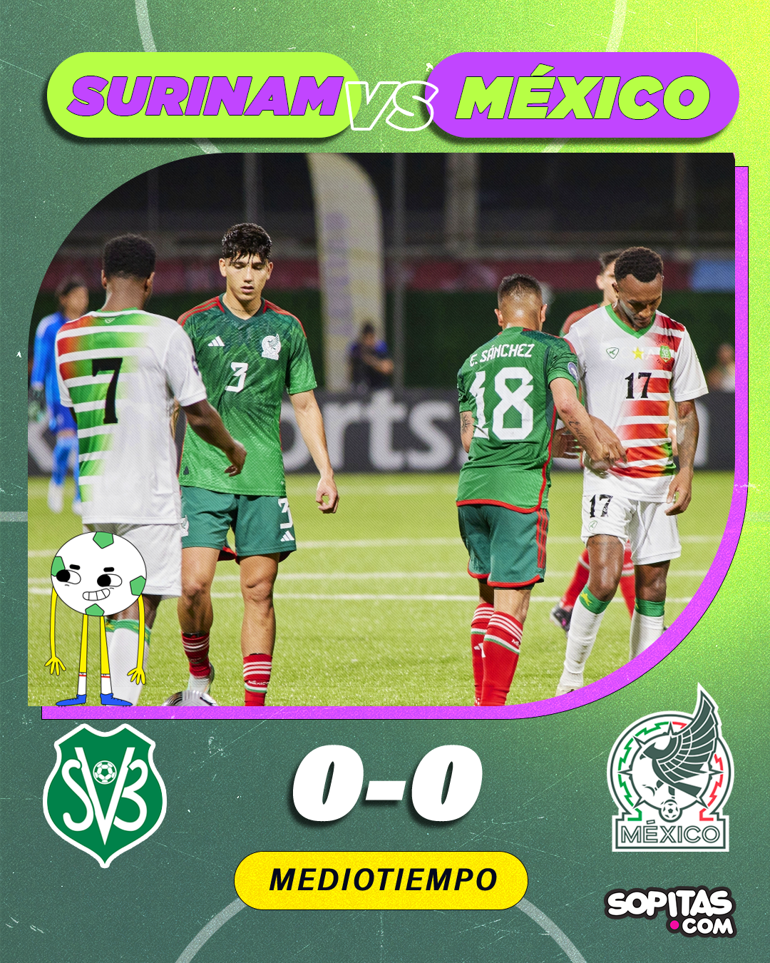 Half time score between Suriname and Mexico