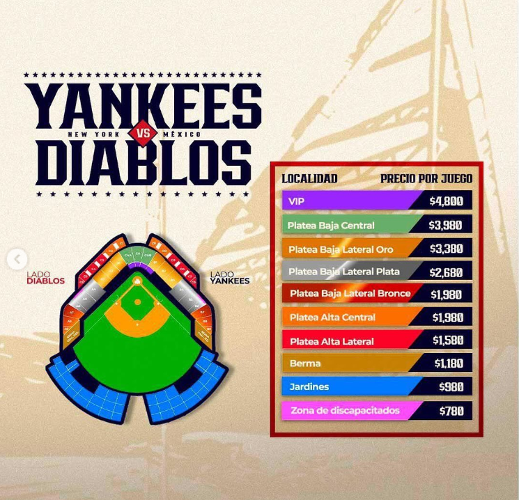 Tickets for the Yankees vs Diablos Rojos in Mexico