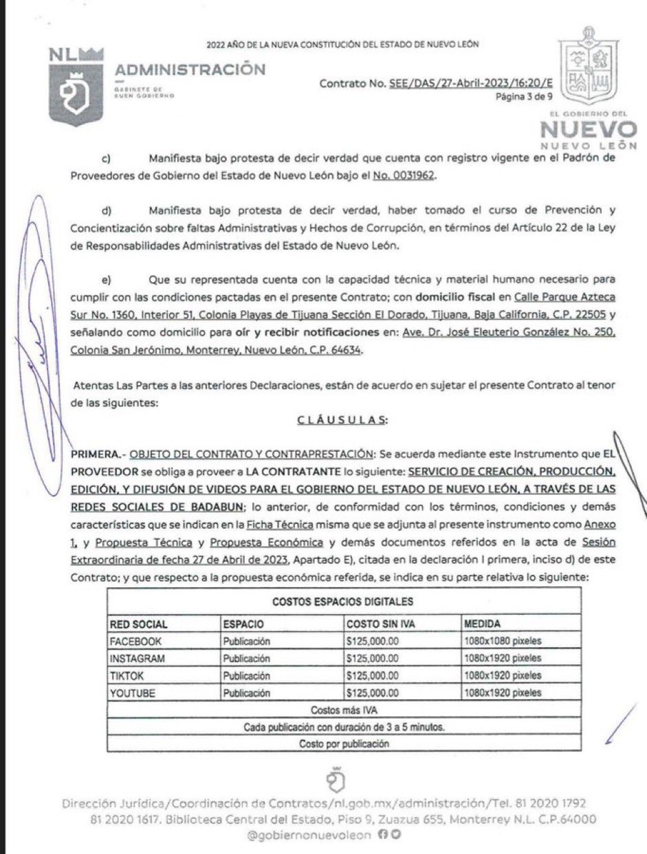 A contract between Badabun and the government of Nuevo León