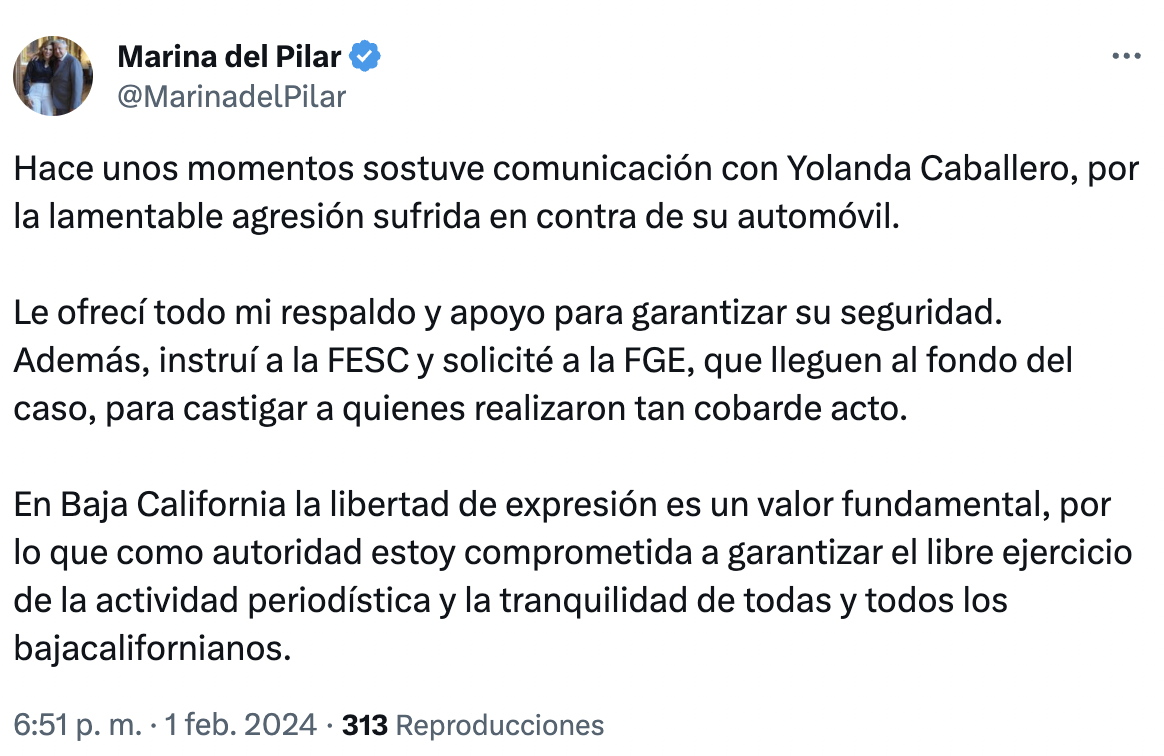 This is the response of the governor of Baja California, Marina del Pilar, to the attack against a journalist in Tijuana.