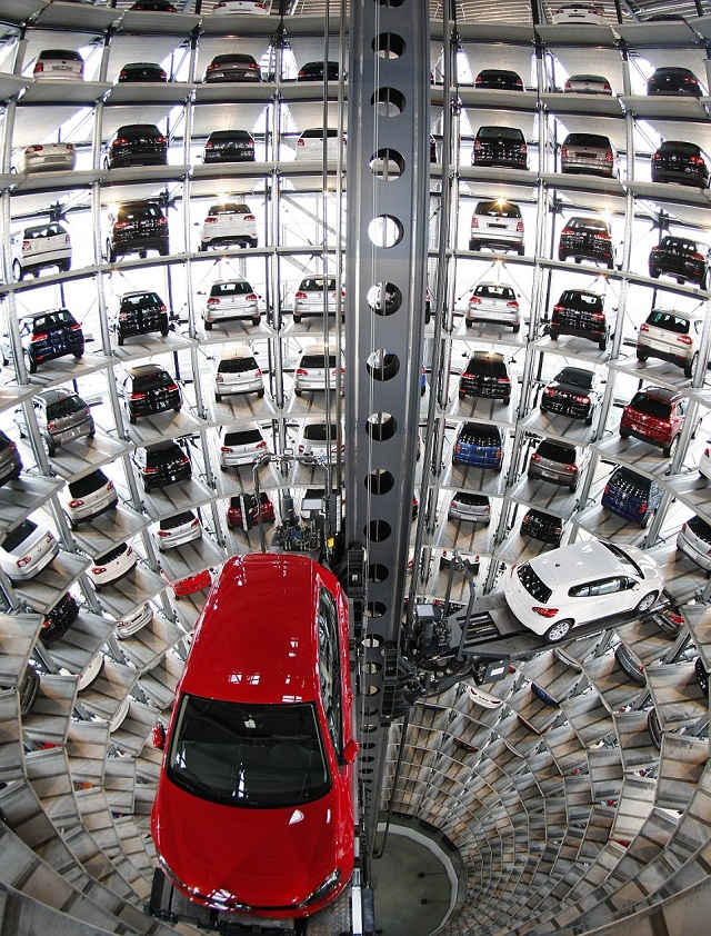 New Volkswagen cars are stored at Car storage Towers at Volkswagen plant in Wolfsburg