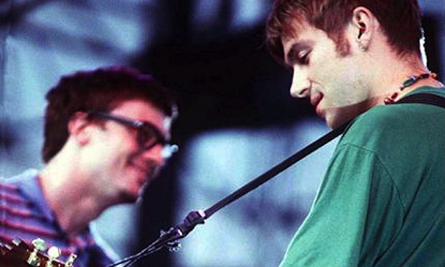 Blur's Damon Albarn and Graham Coxon in concert in 1997