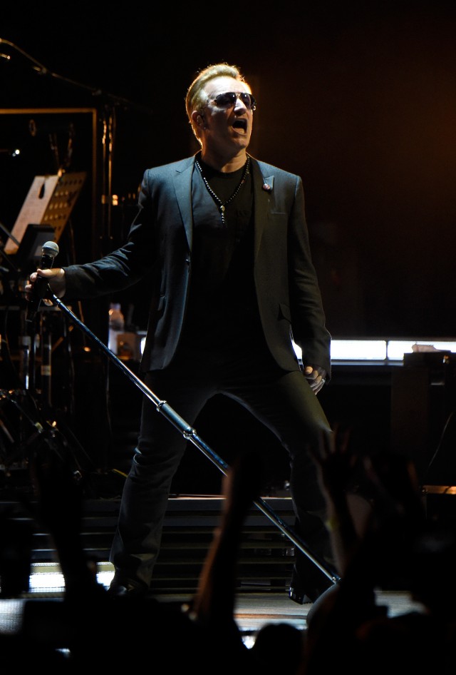 VANCOUVER, BC - MAY 14:  Musician Bono of U2 performs onstage during the U2 iNNOCENCE + eXPERIENCE tour opener in Vancouver at Rogers Arena on May 14, 2015 in Vancouver, Canada.  (Photo by Kevin Mazur/WireImage) *** Local Caption *** Bono