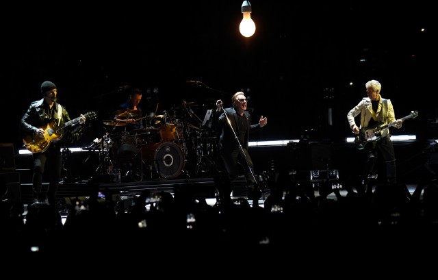 VANCOUVER, BC - MAY 14:  (L-R) Musicians The Edge, Larry Mullen Jr., Bono and Adam Clayton of U2 perform onstage during the U2 iNNOCENCE + eXPERIENCE tour opener in Vancouver at Rogers Arena on May 14, 2015 in Vancouver, Canada.  (Photo by Kevin Mazur/WireImage) *** Local Caption *** The Edge;Larry Mullen Jr.;Bono;Adam Clayton