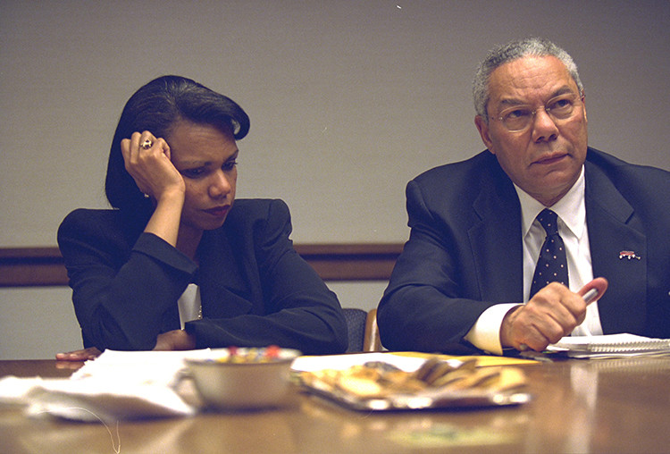 U.S. Secretary of State Colin Powell (R) and National Security Advisor Condoleezza Rice in the President's Emergency Operations Center in Washington in  the hours following the September 11, 2001 attacks in this U.S. National Archives handout photo obtained by Reuters July 24, 2015. REUTERS/U.S. National Archives/Handout via Reuters (MILITARY POLITICS DISASTER) THIS IMAGE HAS BEEN SUPPLIED BY A THIRD PARTY. IT IS DISTRIBUTED, EXACTLY AS RECEIVED BY REUTERS, AS A SERVICE TO CLIENTS. FOR EDITORIAL USE ONLY. NOT FOR SALE FOR MARKETING OR ADVERTISING CAMPAIGNS - RTX1LQB9