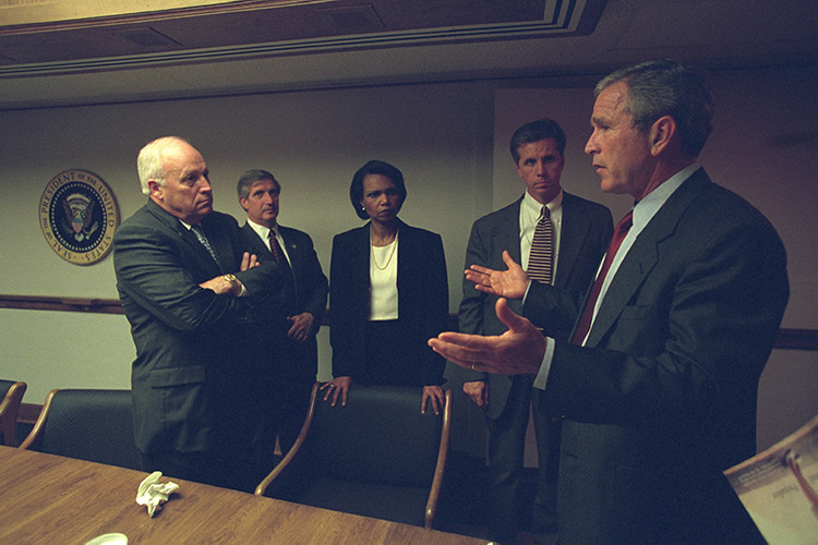 U.S. President George Bush (R) is pictured with Vice President Dick Cheney (L) and senior staff in the President's Emergency Operations Center in Washington in the hours following the September 11, 2001 attacks in this U.S. National Archives handout photo obtained by Reuters July 24, 2015. REUTERS/U.S. National Archives/Handout via Reuters (MILITARY POLITICS DISASTER) THIS IMAGE HAS BEEN SUPPLIED BY A THIRD PARTY. IT IS DISTRIBUTED, EXACTLY AS RECEIVED BY REUTERS, AS A SERVICE TO CLIENTS. FOR EDITORIAL USE ONLY. NOT FOR SALE FOR MARKETING OR ADVERTISING CAMPAIGNS - RTX1LQBA