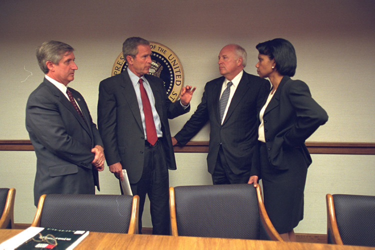 President Bush with Vice President Cheney and other senior staff members in the President's Emergency Operations Center (PEOC) during 9/11. From: https://www.flickr.com/photos/usnationalarchives/
