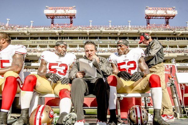NASHVILLE, TN - OCTOBER 20: Defensive Line Coach Jim Tomsula of the San Francisco 49ers talks with NaVorro Bowman #53 and Patrick Willis #52 during the game against the Tennessee Titans at LP Field on October 20, 2013 in Nashville, Tennessee. The 49ers defeated the Titans 31-17. (Photo by Michael Zagaris/San Francisco 49ers/Getty Images) *** Local Caption *** Jim Tomsula;Patrick Willis;NaVorro Bowman