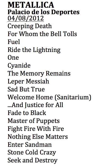 Metallica Setlist 4 agosto 2012