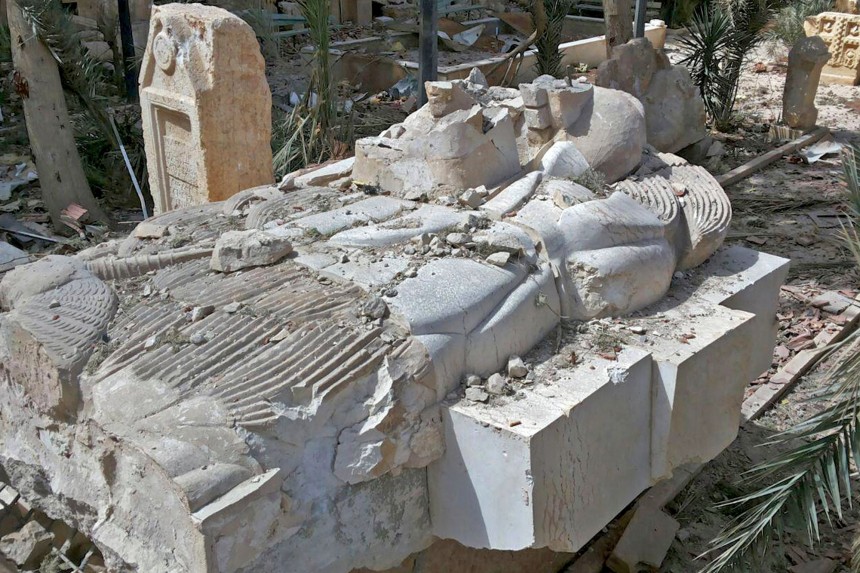 REFILE - REMOVING RESTRICTIONSA view shows the damaged Lion of Al-Lat statue at the entrance of the museum of the historic city of Palmyra, after forces loyal to Syria's President Bashar al-Assad recaptured the city, in Homs Governorate in this handout picture provided by SANA on March 27, 2016. REUTERS/SANA/Handout via Reuters THIS PICTURE WAS PROVIDED BY A THIRD PARTY. REUTERS IS UNABLE TO INDEPENDENTLY VERIFY THE AUTHENTICITY, CONTENT, LOCATION OR DATE OF THIS IMAGE. EDITORIAL USE ONLY. NOT FOR SALE FOR MARKETING OR ADVERTISING CAMPAIGNS. THIS PICTURE IS DISTRIBUTED EXACTLY AS RECEIVED BY REUTERS, AS A SERVICE TO CLIENTS.