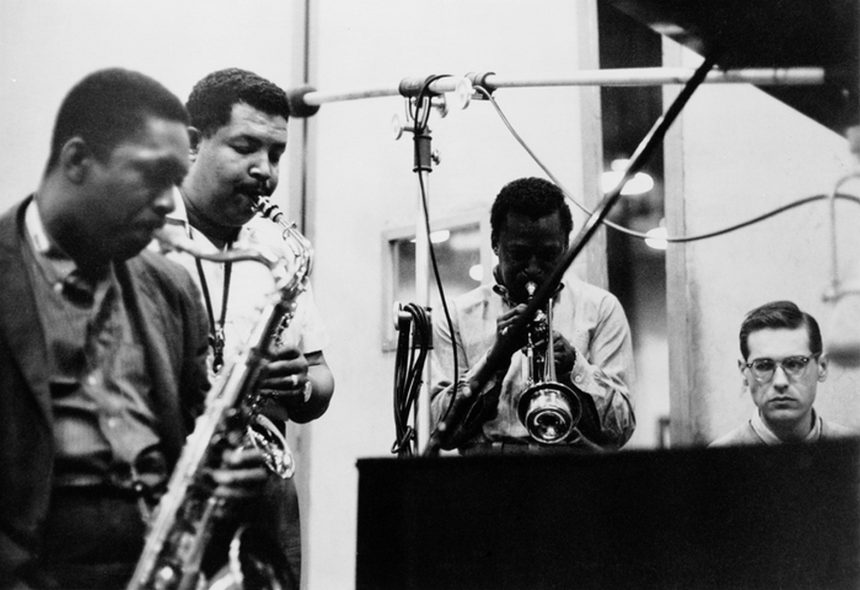 During a recording session (later released as ''58 Miles'), American jazz musicians John Coltrane (1926 - 1967), Cannonball Adderley (1928 - 1975), Miles Davis (1926 - 1991), and Bill Evans (1929 - 1980) perform in the studio, New York, New York, May 26, 1958. (Photo by Frank Driggs Collection/Getty Images)