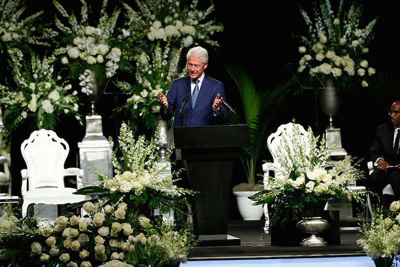 LOUISVILLE, KY - JUNE 10: President Bill Clinton speaks during a memorial service for boxing legend Muhammad Ali on June 10, 2016 at the KFC Yum! Center in Louisville, Kentucky. Ali died June 3 of complications from Parkinson's disease. (Photo by Aaron P. Bernstein/Getty Images)