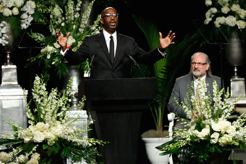 LOUISVILLE, KY - JUNE 10: Dr. Kevin Cosby speaks at a memorial service for boxing legend Muhammad Ali on June 10, 2016 at the KFC Yum! Center in Louisville, Kentucky. Ali died June 3 of complications from Parkinson's disease. (Photo by Aaron P. Bernstein/Getty Images)
