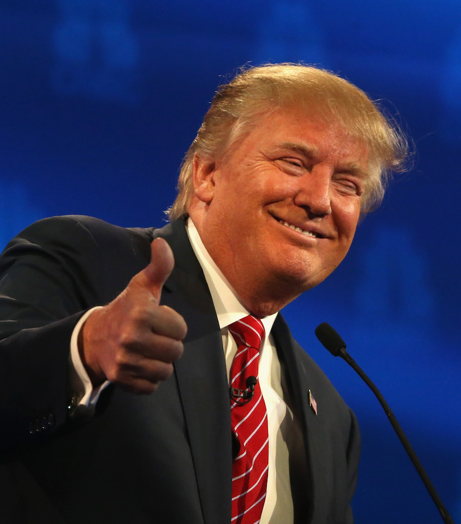 BOULDER, CO - OCTOBER 28: Presidential candidate Donald Trump gives a thumbs up during the CNBC Republican Presidential Debate at University of Colorados Coors Events Center October 28, 2015 in Boulder, Colorado. Fourteen Republican presidential candidates are participating in the third set of Republican presidential debates. (Photo by Justin Sullivan/Getty Images)