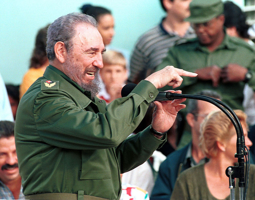 382995 03: Cuban president Fidel Castro visits the Marcelo Salado school to celebrate Elian Gonzalez''s seventh birthday December 6, 2000 in Cardenas City, Cuba. (Photo by Jorge Rey/Newsmakers)