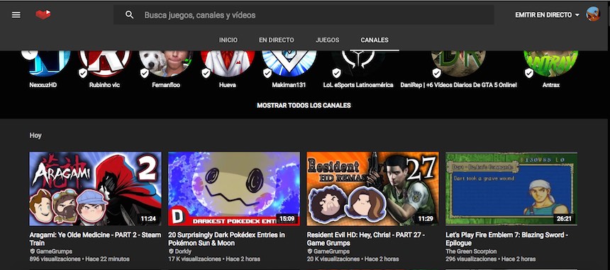 YouTube Gaming Canales