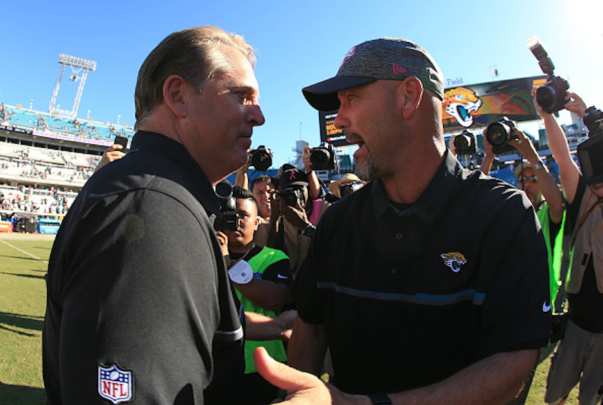 JACKSONVILLE, FL - OCTOBER 23: Head coaches Jack Del Rio of the Oakland Raiders and Gus Bradley of the Jacksonville Jaguars shake hands after the game at EverBank Field on October 23, 2016 in Jacksonville, Florida. (Photo by Rob Foldy/Getty Images)