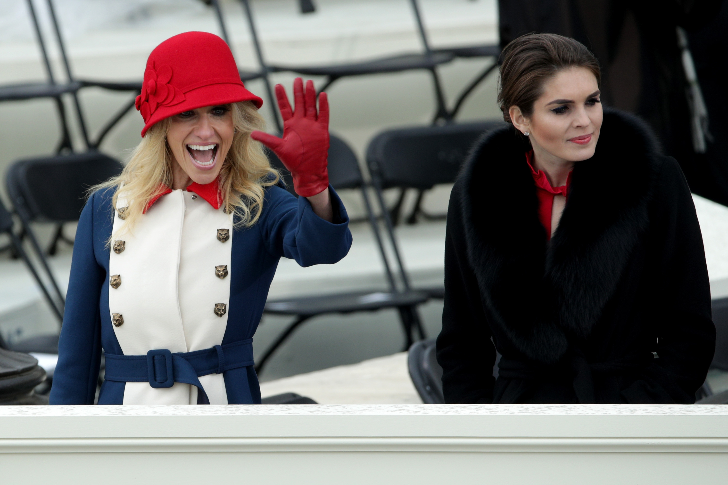 WASHINGTON, DC - JANUARY 20: Trump advisers Kellyanne Conway (L) and Hope Hicks on the West Front of the U.S. Capitol on January 20, 2017 in Washington, DC. In today's inauguration ceremony Donald J. Trump becomes the 45th president of the United States. (Photo by Alex Wong/Getty Images)