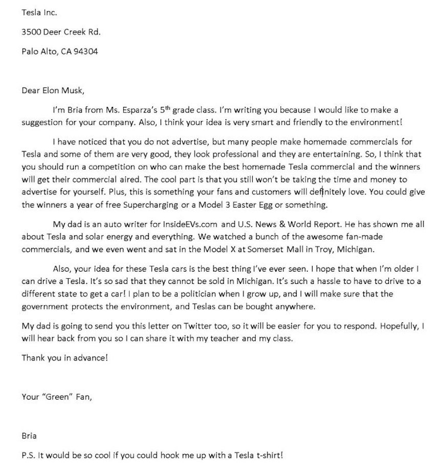 Carta de Bria Loveday a Elon Musk