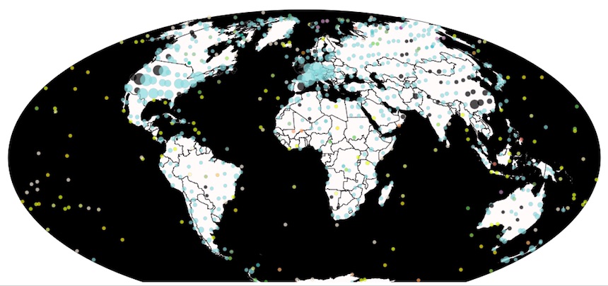 Mapa con fósiles encontrados en el mundo