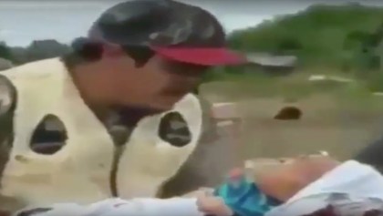 Un hombre mete a un bebé en un animal muerto