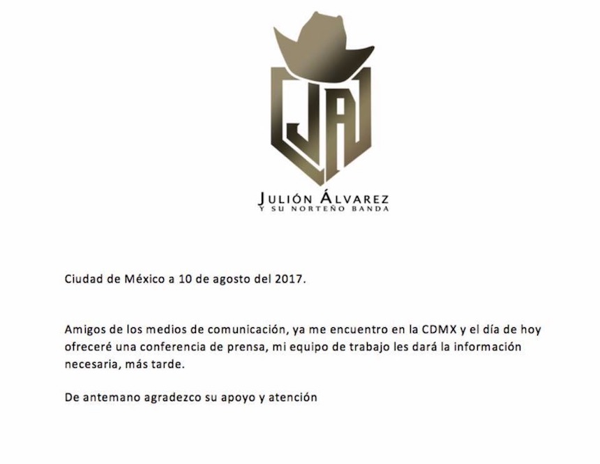 Julión Álvarez ofrecerá una conferencia de prensa para aclarar su situación