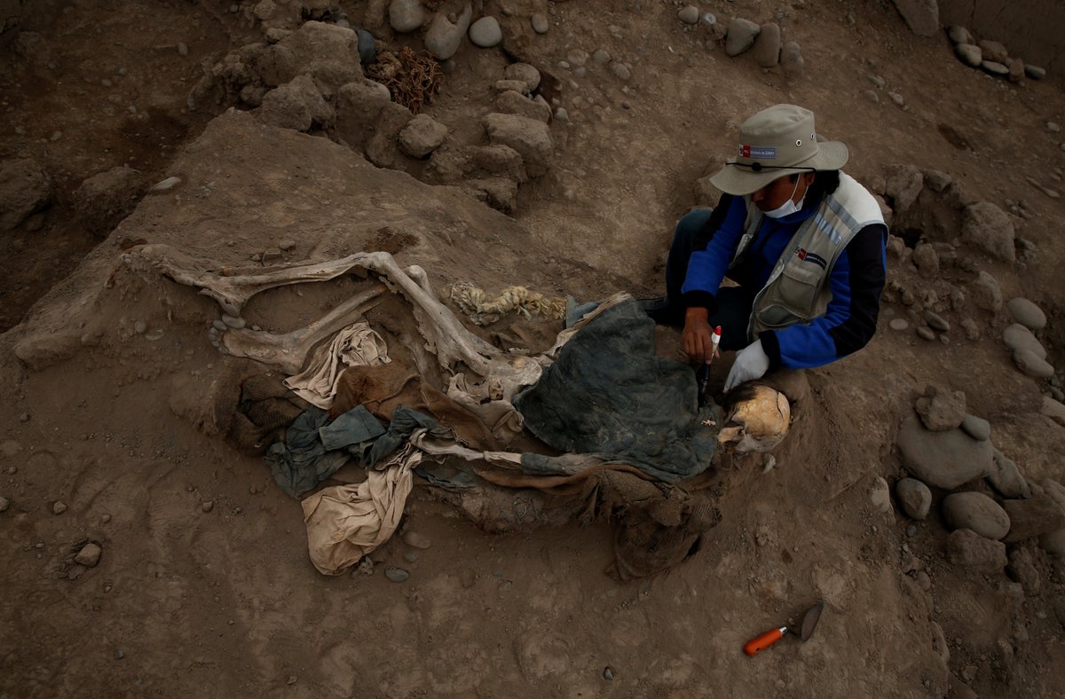 arqueólogo con uno de los cuerpos hallados