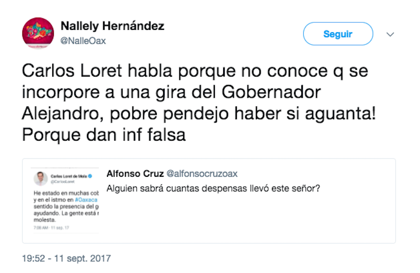 Diputada priista ofende a Carlos Loret de Mola a través de Twitter después de que este criticara la falta de ayuda por parte del gobierno de Oaxaca