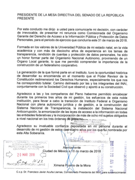 Carta de renuncia de Ximena Puente al INAI