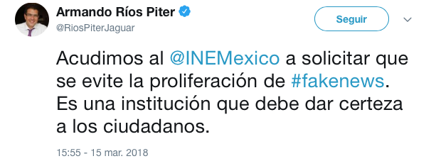 Tuit en el que Ríos Piter refiere al INE y a las fake news
