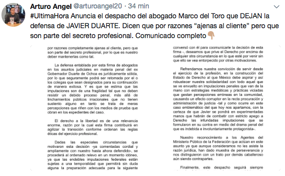 Comunicado de Marco del Toro, abandona caso de Javier Duarte