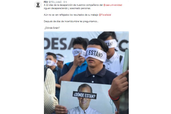 Tuit de la FEU, desaparición estudiantes Jalisco