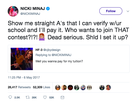 Nicki Minaj ofrece pagar la colegiatura y deudas de escuela a sus fans