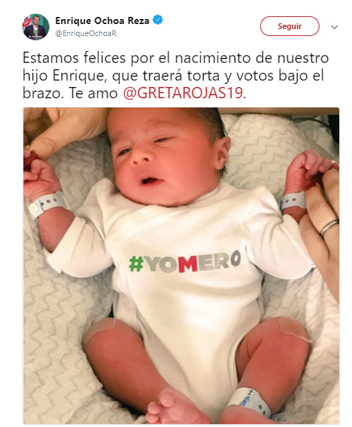 ¿Otra vez tú? Ochoa Reza le pone ropita con lema electoral a su bebé y lo presume en redes sociales