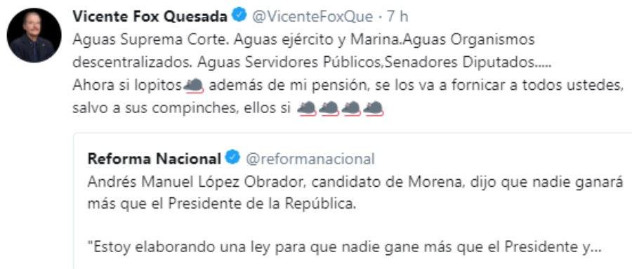 Mensaje en Twitter de Vicente Fox