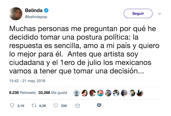 Tuit de Belinda apoya a AMLO