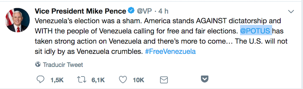 Tuit de Mike Pence contra Maduro y elecciones en Venezuela