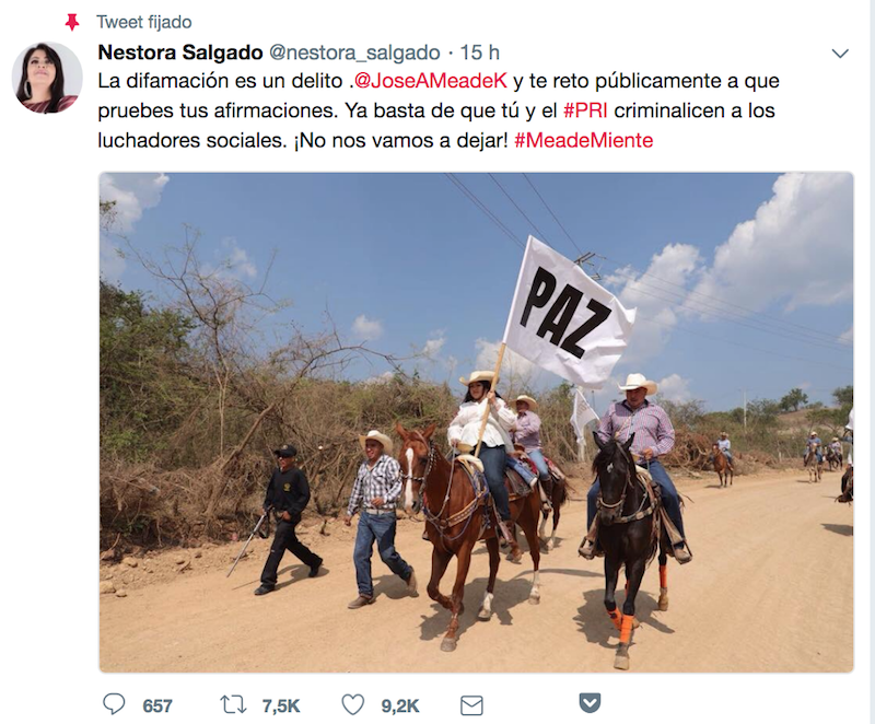 Tuit de Nestora Salgado respuesta a José Antonio Meade declaraciones del segundo debate presidencial