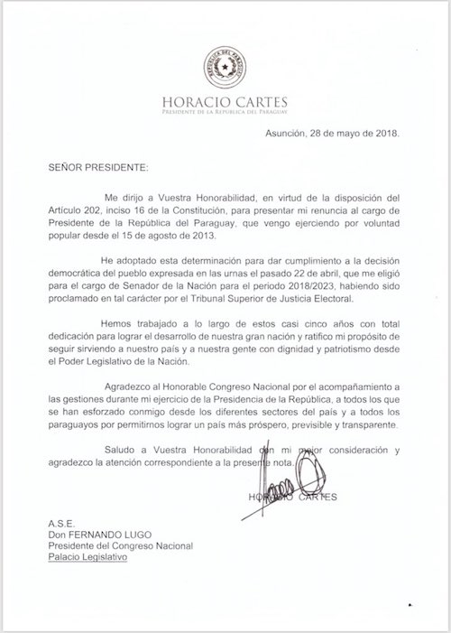 Renuncia Horacio Cartes, el presidente de Paraguay. Ahora 