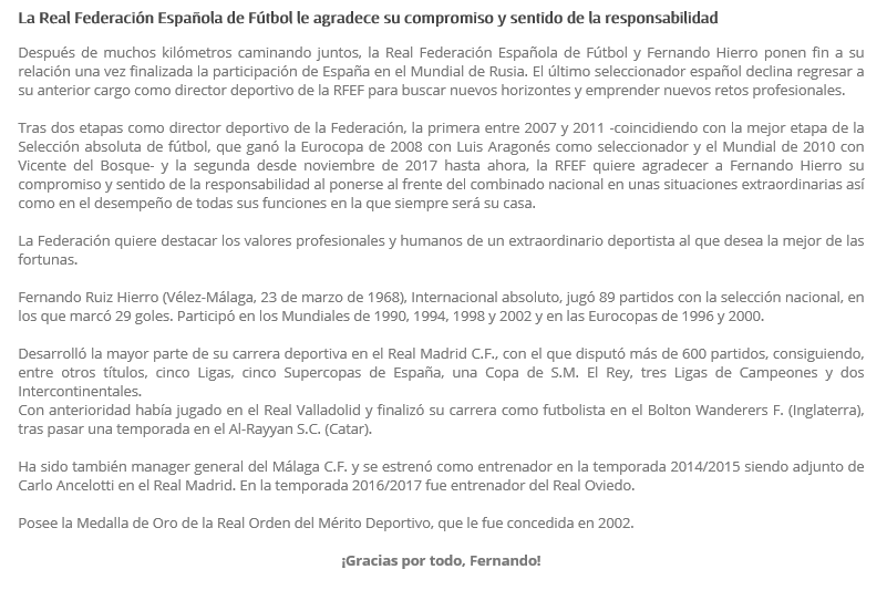 Fernando Hierro no continuará como Director Deportivo de la Selección de España