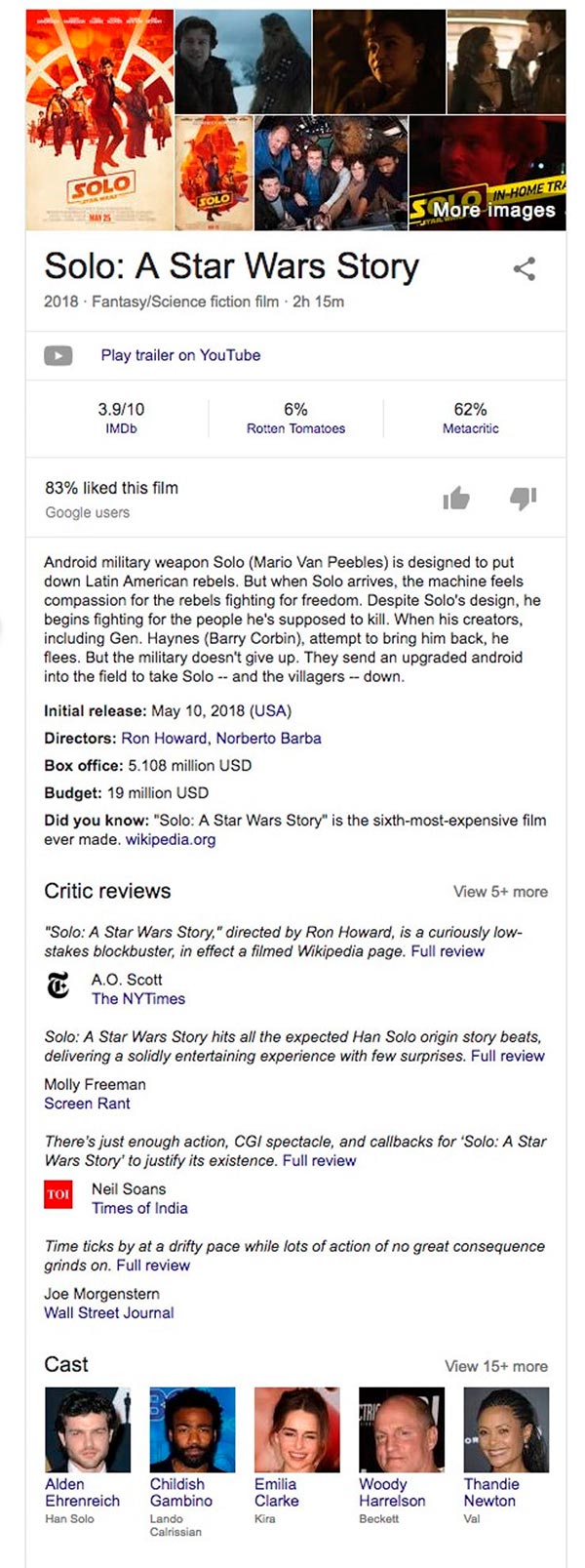 Google confunde Solo: A Star Wars Story con otra película