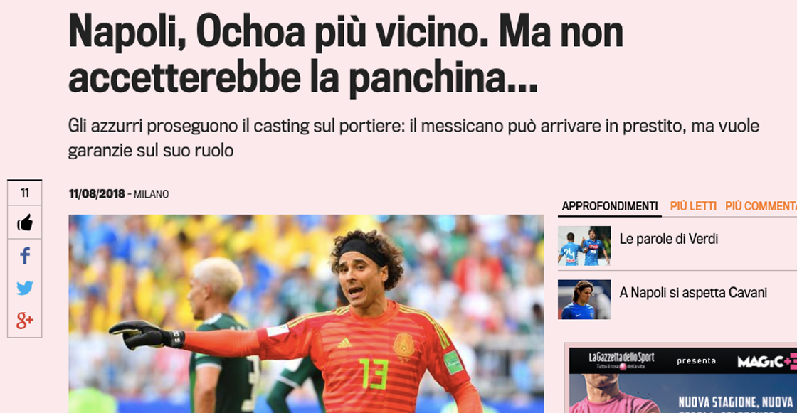Napoli haría el último intento por Ochoa: La Gazzetta dello Sport