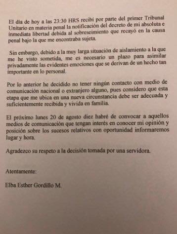 Carta escrita por Elba Esther Gordillo, luego de conocerse su liberación