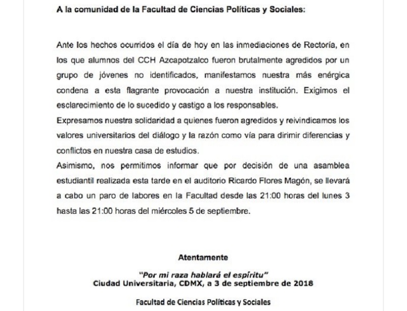 Comunicado, paro académico en FCPyS