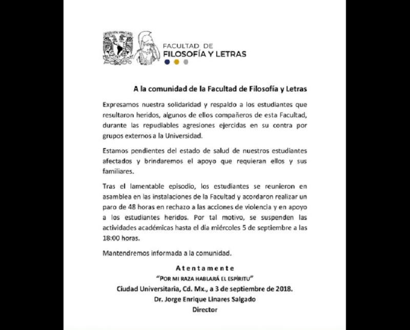 Comunicado de la FFyL UNAM
