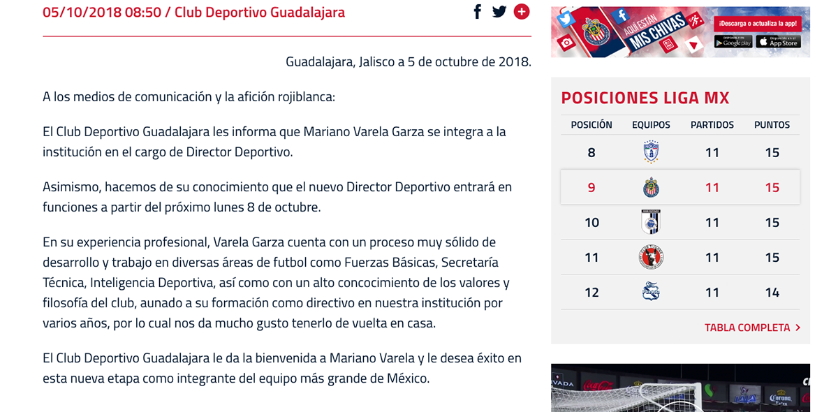 Mariano Varela regresa a Chivas como Director Deportivo