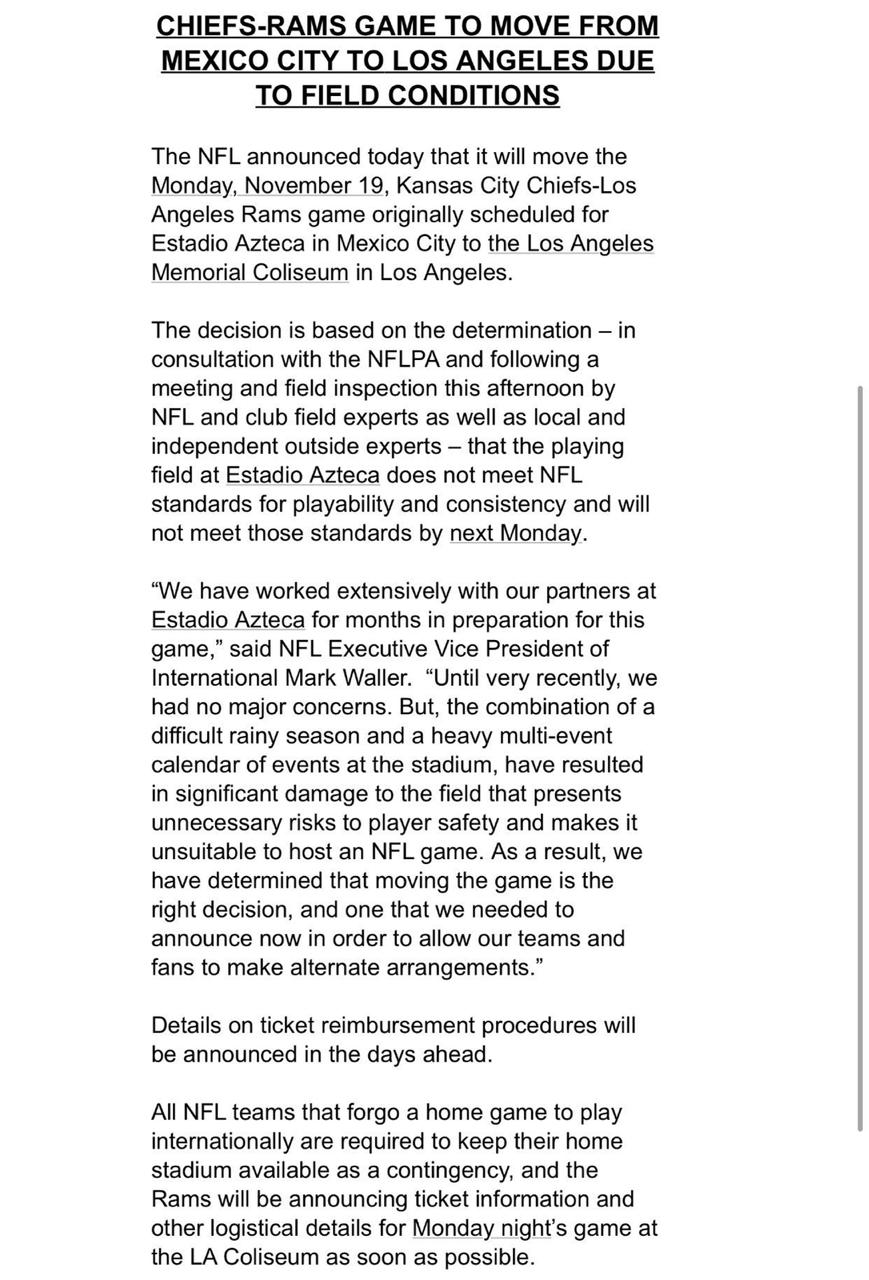 ¡OFICIAL! NFL cancela Chiefs vs Rams en México; se jugará en Los Angeles