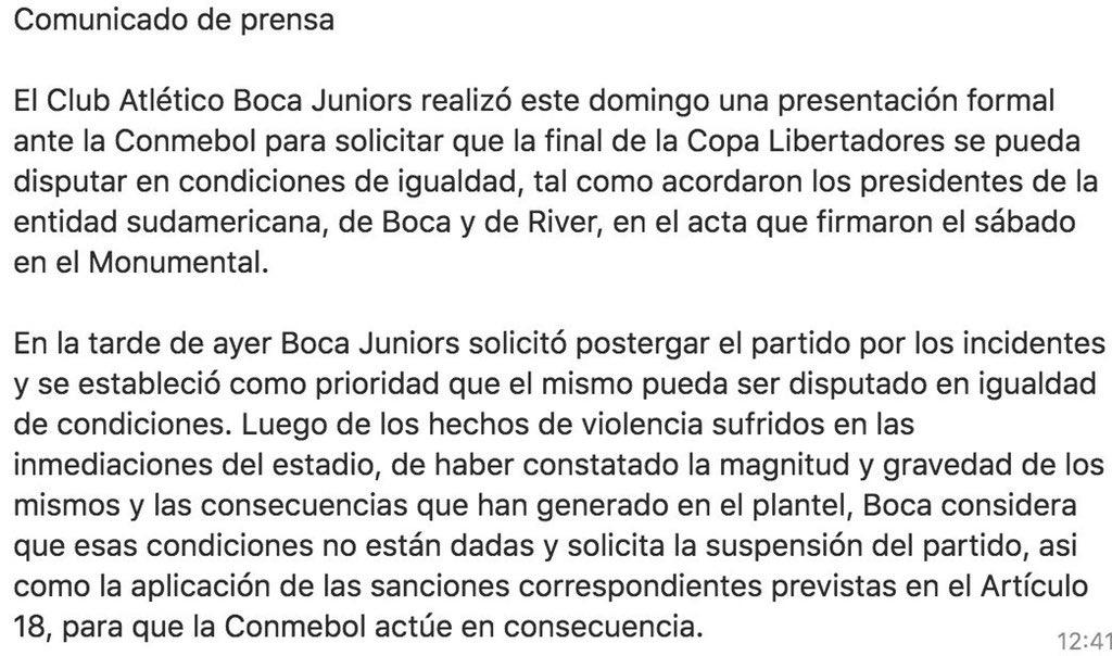 Boca solicita suspender la Final de la Copa Libertadores; podría ser campeón debido al reglamento