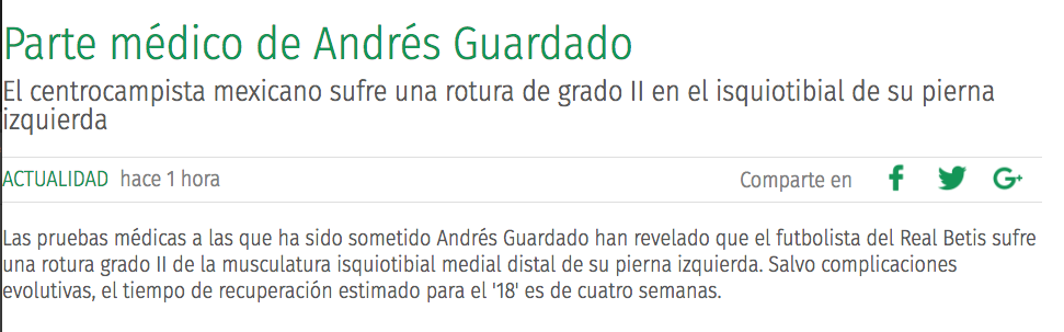 ¡Ánimo crack! Andrés Guardado fuera lo que resta del 2018 por lesión