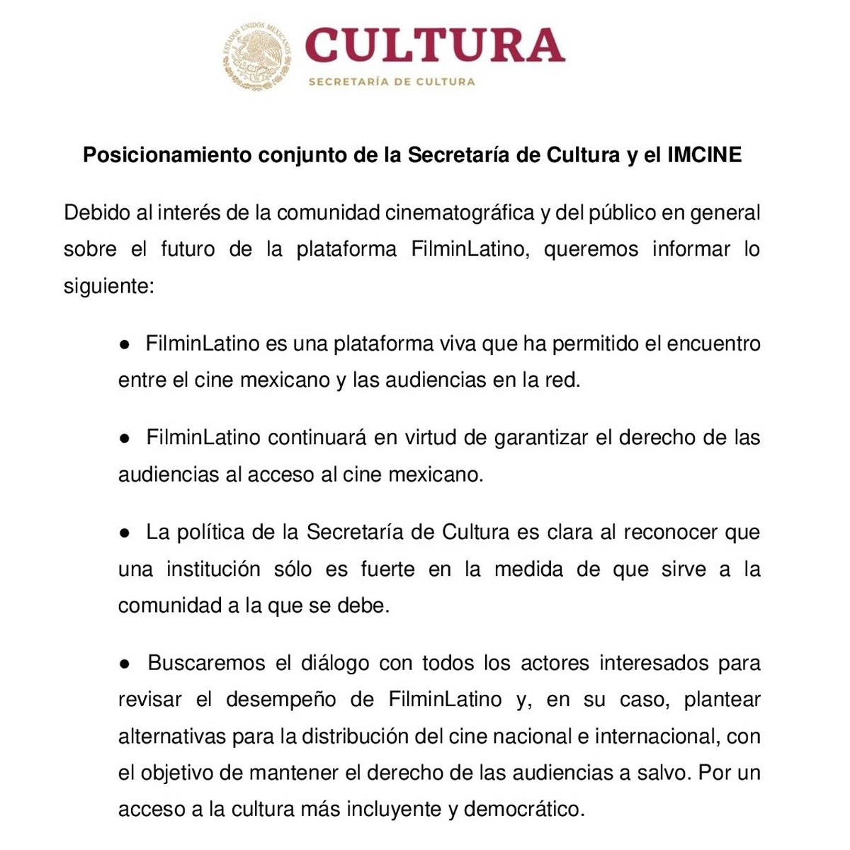 Comunicado Secretaria Cultura FilminLatino